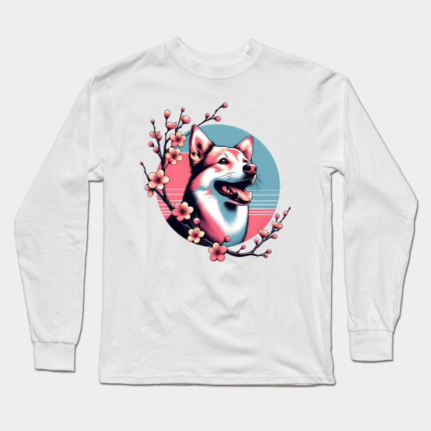 Taiwan Dog Enjoys Spring Cherry Blossoms Long Sleeve T-Shirt by ArtRUs